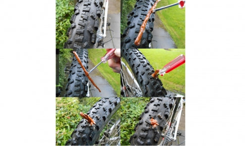 photos reparation pneu tubeless avec kit meche par l'exterieur