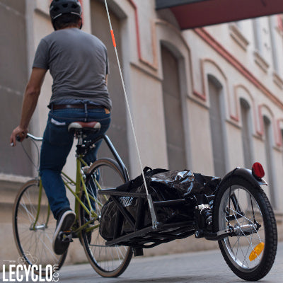 Remorque mono-roue de marchandise pour vélo en acier noir - Amortisseur -  Sac de transport waterproof - Drapeau orange - Capacité 149 L Charge max 45  kg - Roues Touts Terrains 16 